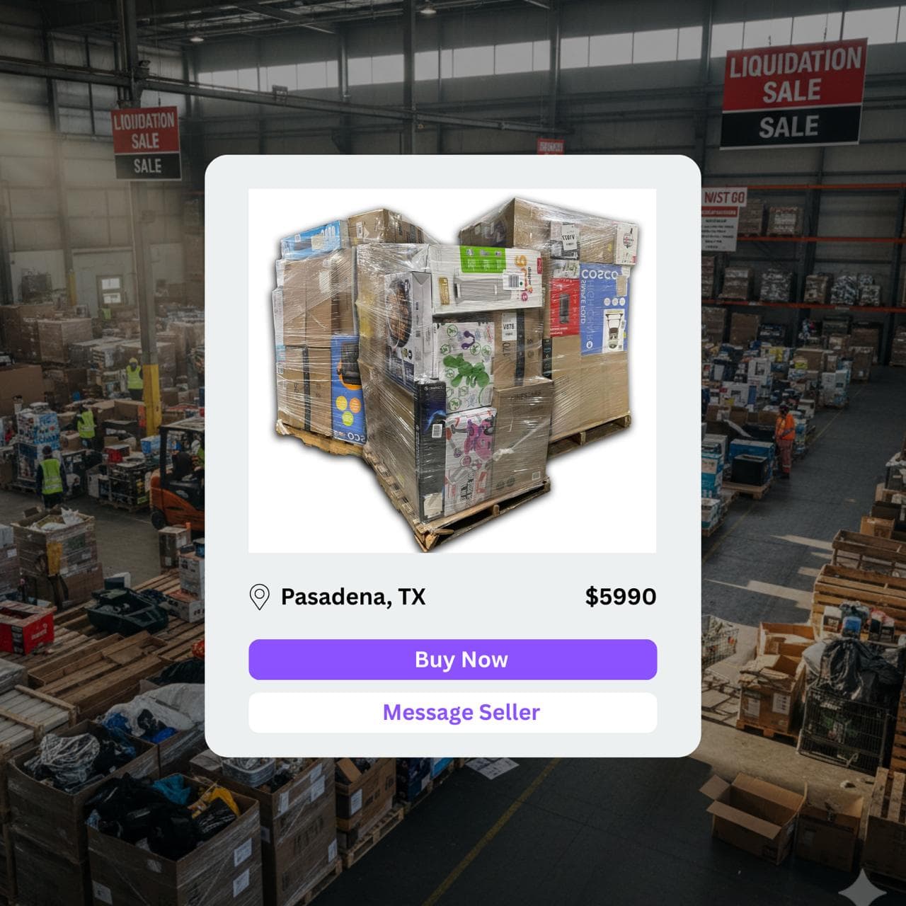 Liquidation warehouse with product pallets
